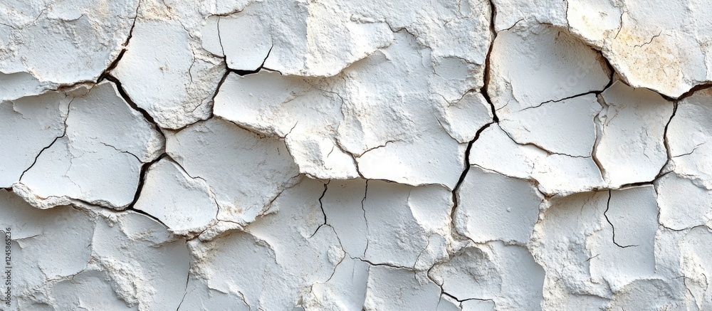 Poster textured white wall with extensive cracks showcasing weathering and age, ideal for backgrounds or ar