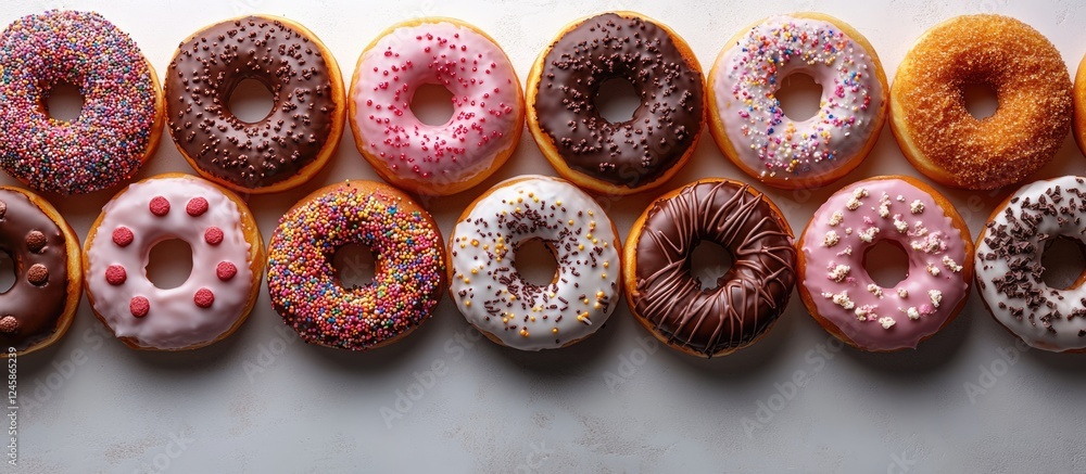 Aufkleber colorful assorted doughnuts arranged on a white surface ideal for background use or text overlay in 