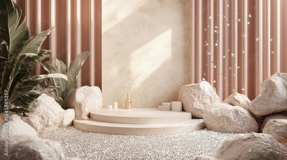 Aufkleber a podium surrounded by sparkling pebbles and rocks, creating a sophisticated and elegant showcase fo