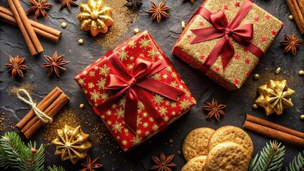 Fototapeta premium Golden and Red Christmas Gift Boxes on Black Background with Cookies and Spices