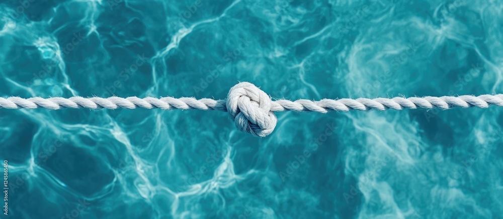 Poster knot on thin rope submerged in clear seawater with tranquil ocean backdrop and empty space for text 