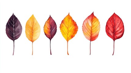 Colorful autumn leaves showcasing vibrant hues of purple, yellow, orange, and red on a white background