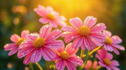 Dew-covered pink and yellow flowers in soft morning light | generative AI