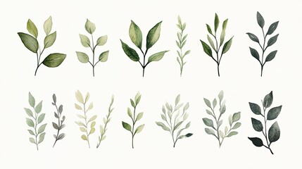 A collection of watercolor leaves showcasing various shades of green and leaf shapes for design use