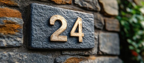 House number plaque displaying the number 24 on a textured grey brick wall surrounded by greenery for residential identification.