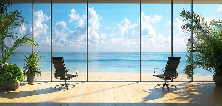 A tranquil virtual background of an office space overlooking a calm beach through floor-to-ceiling glass windows