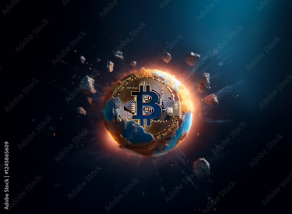 Aufkleber Bitcoin symbol embedded in a globe in space, surrounded by debris and bright light, depicting a digital currency concept in a cosmic environment.