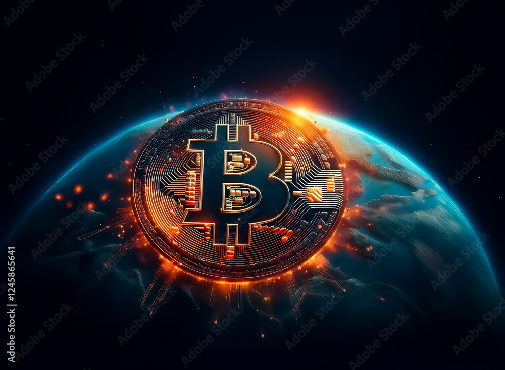 Poster a digital currency symbol hovers above a glowing globe in space. the coin appears to be radiating en