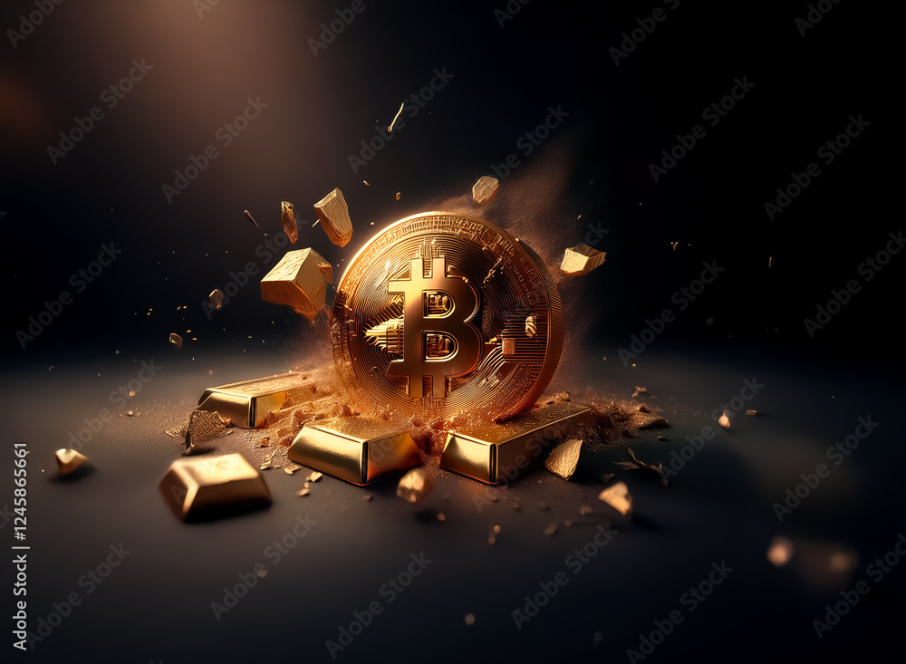 Poster A golden bitcoin explodes into fragments amidst scattered gold bars, illuminated by a warm glow against a dark backdrop.  A representation of digital wealth and potential volatility.