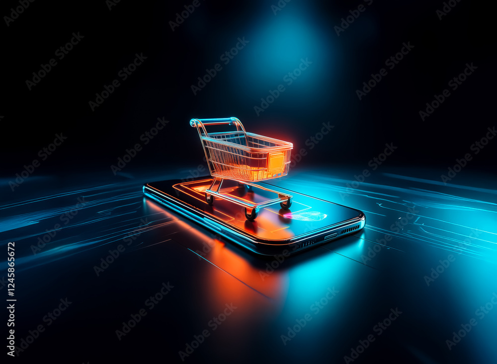 Poster neon shopping cart on mobile phone in a dark, futuristic digital space. online shopping and e-commer