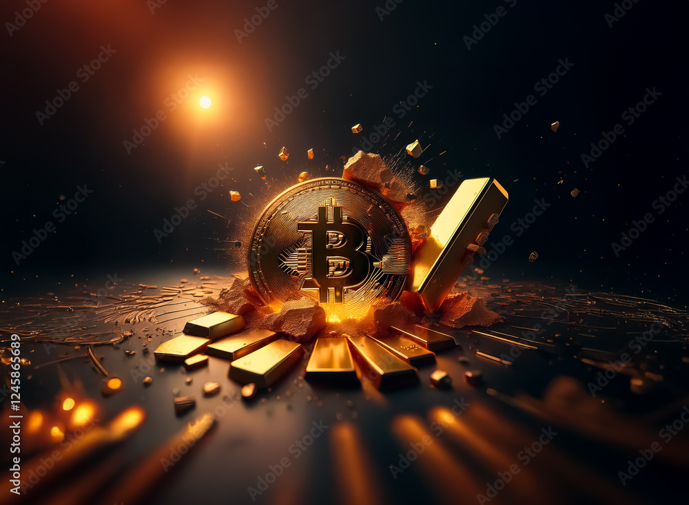 Poster bitcoin and gold bars forcefully emerge from the ground in a burst of energy, illuminated by a brigh