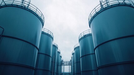 Row of tall refinery columns processing crude oil at a cutting-edge petrochemical plant with a bright sky backdrop