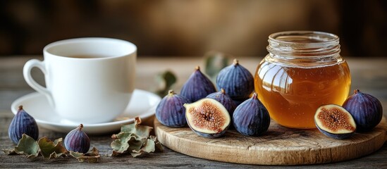 Cozy tea setup featuring a white cup, teapot, honey jar, and fresh figs on a rustic cutting board, perfect for a relaxing afternoon.