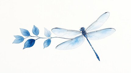Delicate blue dragonfly perched on a slender branch with soft leaves against a minimalistic background
