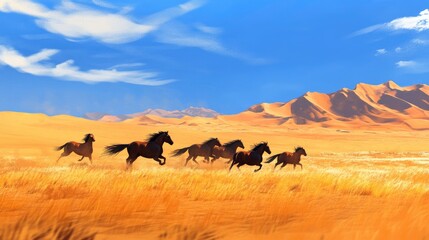 A powerful herd of wild mustangs running through the desert, with vibrant blue skies and towering sand dunes in the background, capturing the freedom of the wild.