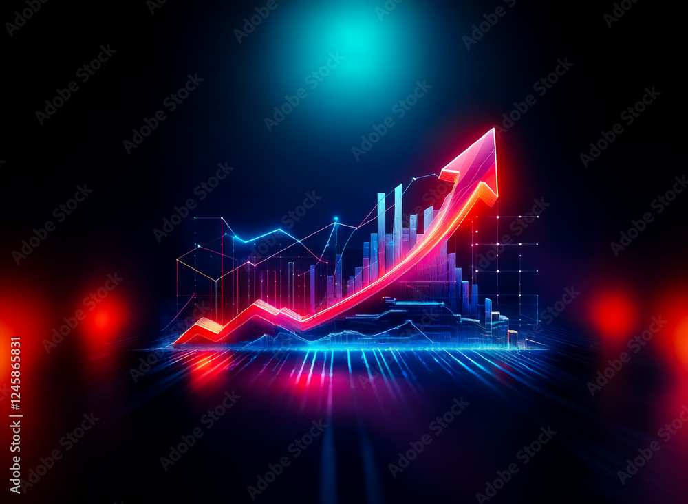 Poster Vibrant red arrow points upward amidst glowing blue and cyan lines and bars, symbolizing growth and progress against a dark backdrop.