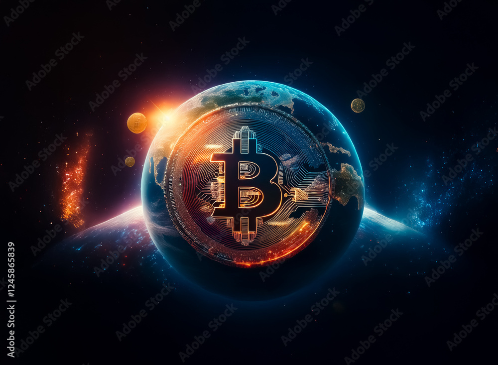 Poster A digital currency symbol is prominently displayed on a globe, set against a backdrop of deep space with stars and vibrant cosmic illumination.