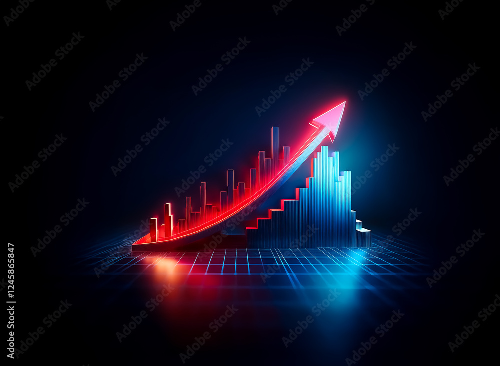 Poster a vibrant red arrow curves upwards over blue bar graph columns. a glowing grid surface reflects the 