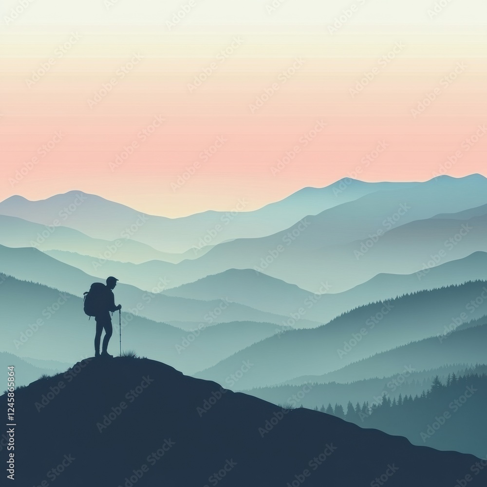 Poster Silhouette of a hiker on a mountain ridge during sunset with open sky space for text. Generative AI