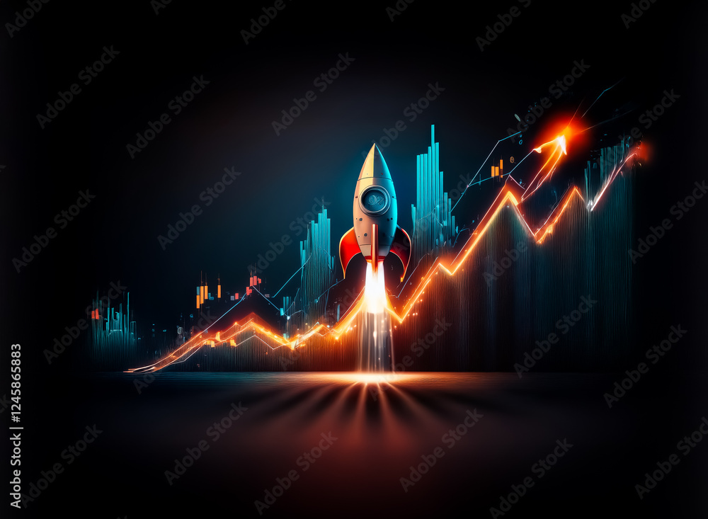 Aufkleber a rocket ship takes off against a dark backdrop with a vibrant line graph sharply ascending, symboli