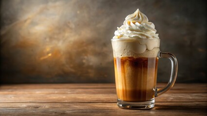 Frothy creamy white whipped cream topping floating on top of root beer float in a clear glass cup, whipped cream