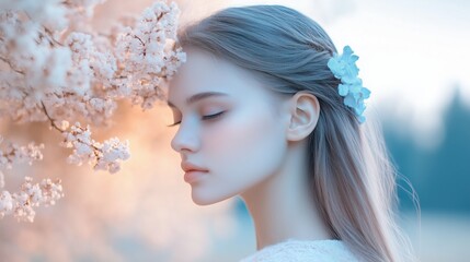 Portrait of serene young woman with pastel flowers in soft natural light. beauty and lifestyle concepts
