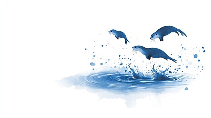 Playful otters leaping from water surface, creating splashes in a serene aquatic environment