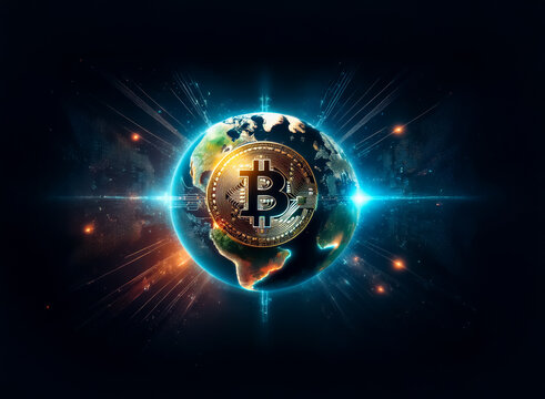 A digital bitcoin symbol is prominently displayed over a glowing Earth, set against a backdrop of space and radiating light.  Symbolizing global finance in a futuristic and interconnected world. - Powered by Adobe