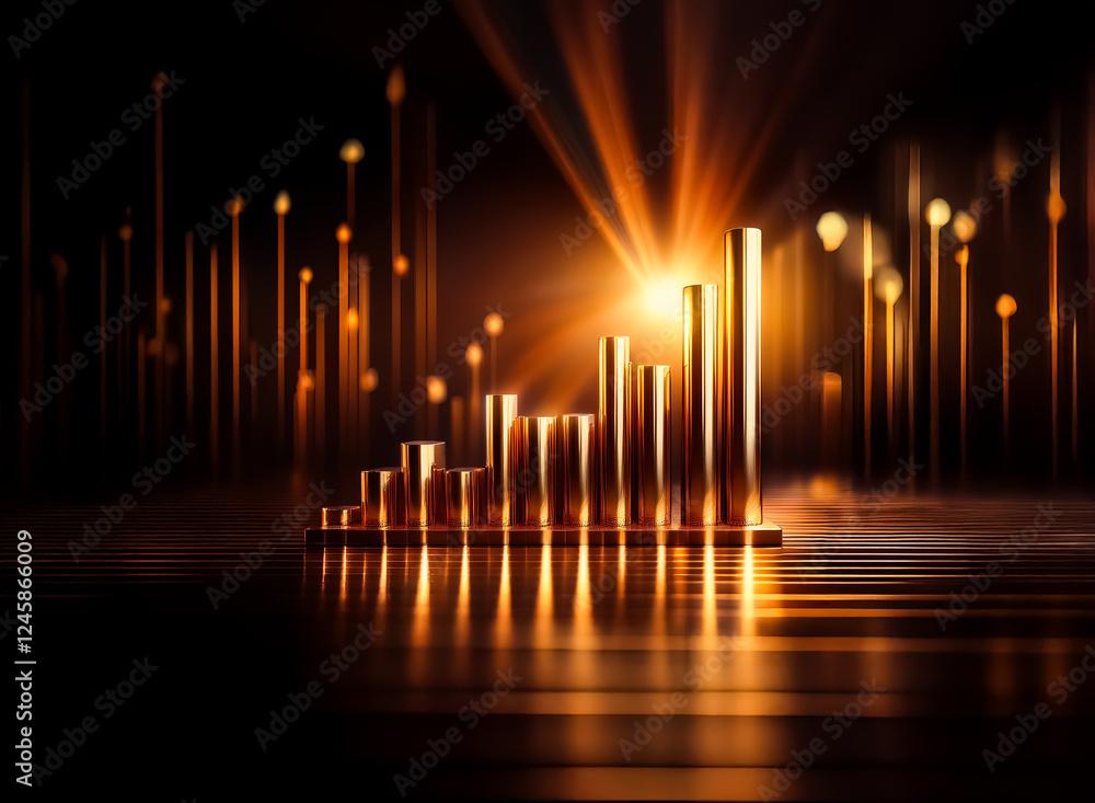 Poster golden bars in steps rise, bathed in a bright light with bokeh backdrop. shiny, metallic, suggestive
