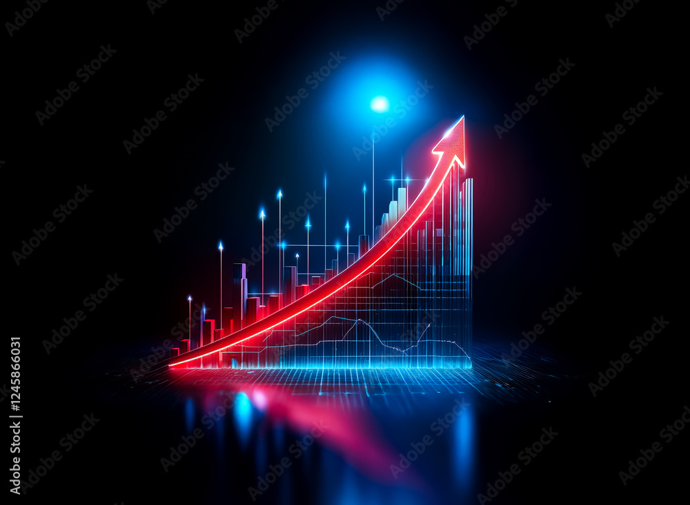 Poster glowing red arrow soaring upwards above blue digital bars on a dark background, symbolizing business