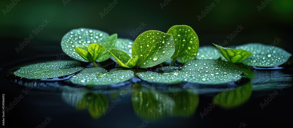 Poster water lily leaves with dew drops floating on dark pond water creating a tranquil natural reflection 