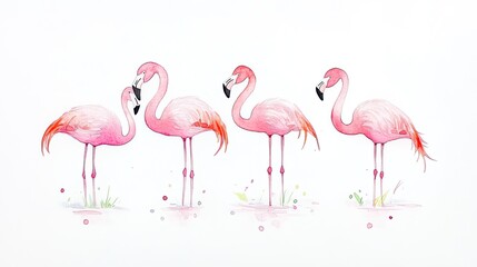 Four elegant flamingos standing gracefully in a serene pond, showcasing their vibrant pink feathers