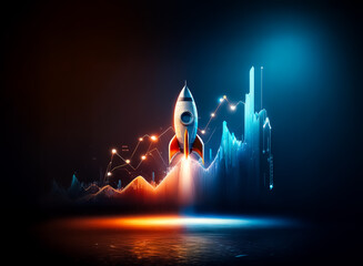 Rocket launching upwards with glowing trails, in front of a vibrant financial chart with bright orange and blue colors against a dark background.