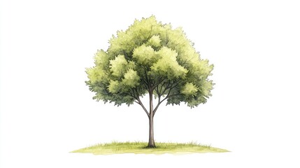 Lush green tree standing alone on a grassy patch with a plain white background