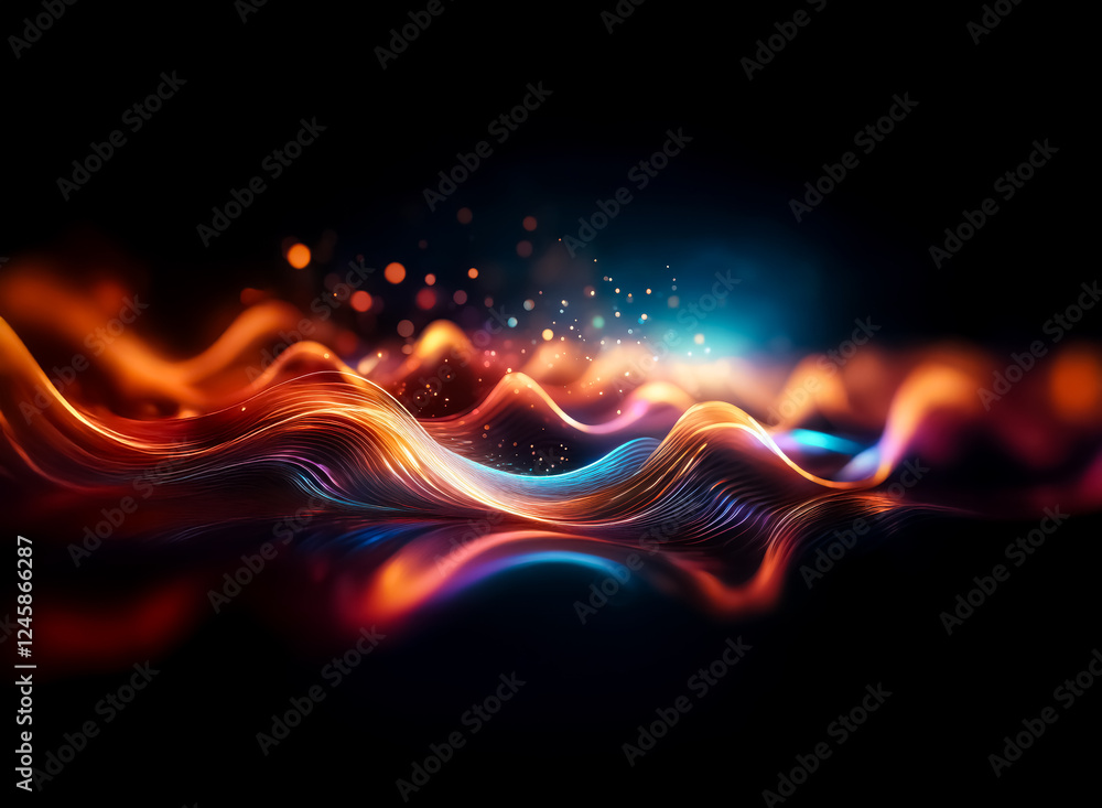 Poster Abstract glowing waves of orange and blue light ripple across a dark background. Dynamic and vibrant, soft bokeh effect creates a mesmerizing and elegant visual.