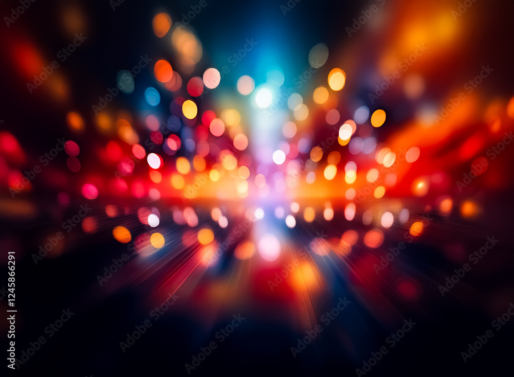 Poster vibrant bokeh lights in blue, red, and orange create a dazzling display against a dark backdrop. the