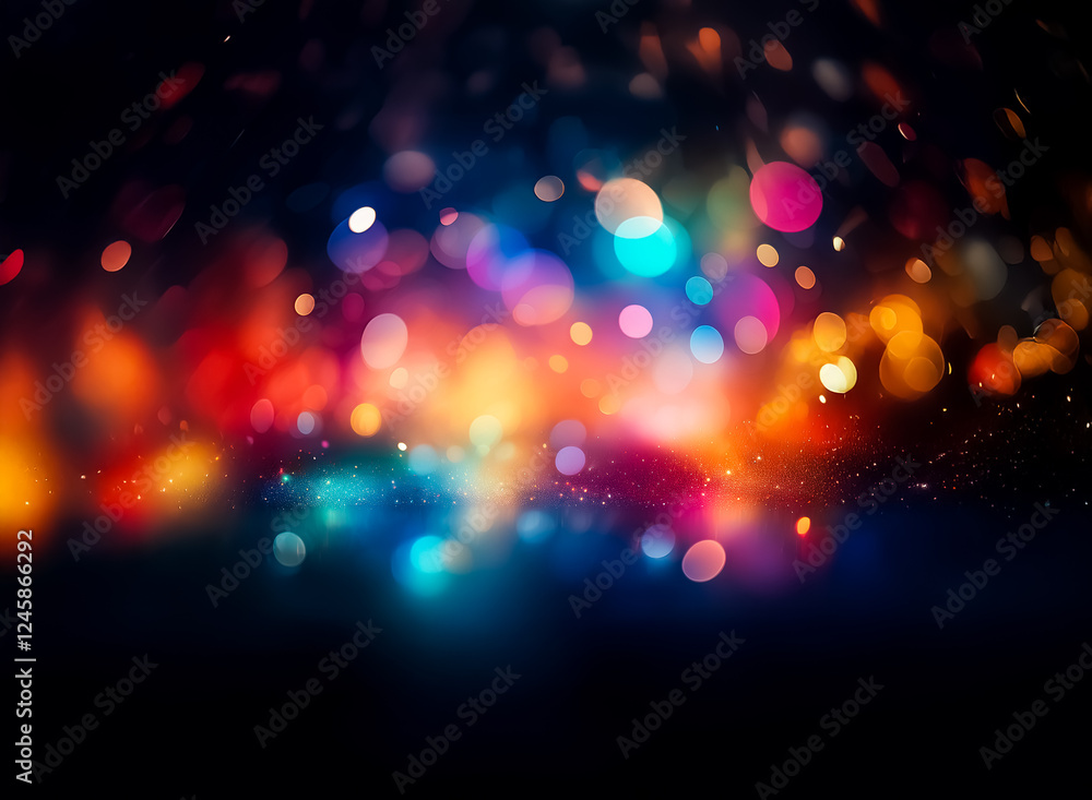 Poster vibrant bokeh lights burst across a dark backdrop, creating a festive and abstract display of colorf