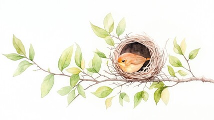 A serene watercolor illustration of a bird in a nest surrounded by green leaves on a branch