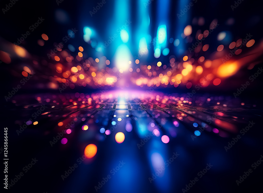 Poster Abstract blurred scene featuring vibrant bokeh lights in blue, orange, and purple hues, creating a dynamic and futuristic atmosphere.