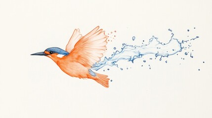 Vibrant illustration of a kingfisher in flight, creating a splash of water, showcasing nature's beauty
