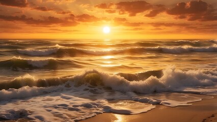 Naklejka premium Golden Sunset Over Ocean Waves