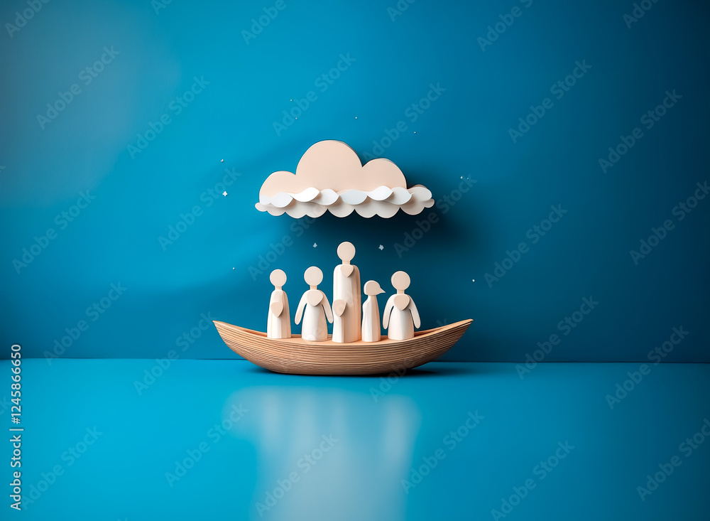 Aufkleber paper figures in a small boat sail under a fluffy cloud against a blue background. tiny stars twinkl