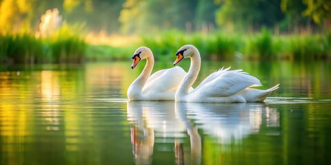 Fototapeta premium Two swans gracefully floating together in a serene lake with soft water ripples and lush greenery blurred in the background, bird species, gentle scene