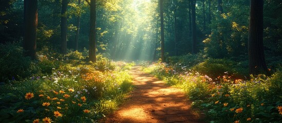 A scenic pathway illuminated by sunlight surrounded by vibrant greenery and wildflowers in a tranquil summer forest setting.