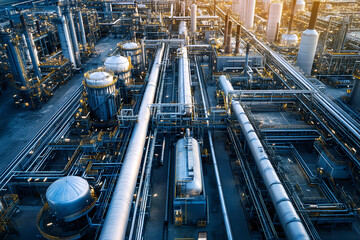 Fototapeta premium Industrial facility showcasing extensive piping and storage tanks during early morning light in a bustling energy sector
