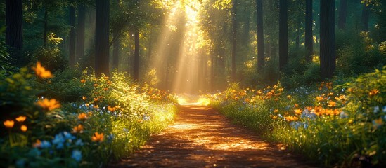 Serene forest path illuminated by sunlight with vibrant flowers and lush greenery creating a tranquil nature scene.