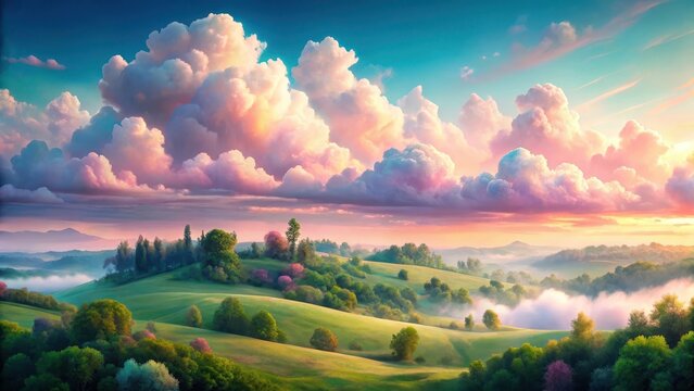 Soft pink and blue pastel clouds float gently above a serene landscape with rolling hills and lush greenery, creating a dreamy atmosphere , gentle clouds, hills