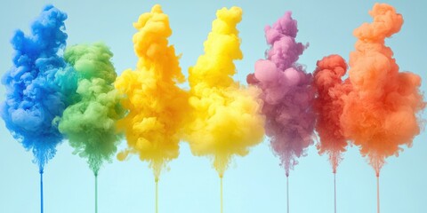 Fototapeta premium Colorful smoke trails against a blue sky with fluid color transitions and zen papaya background