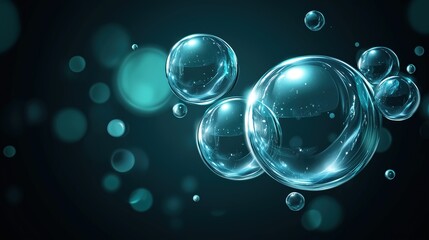 Transparent bubbles on a dark teal background with glowing highlights. Ideal for abstract designs and modern creative concepts