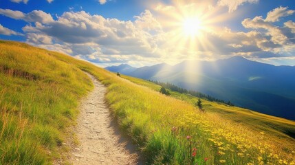 Obraz premium Sunny Mountain Path: A Journey Through Golden Fields